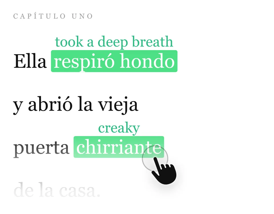 A page of a Spanish book in Readlang Mobile: the tapped words respiró hondo and chirriante are highlighted, with took a deep breath and creaky shown above them